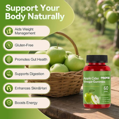Apple Cider Vinegar Gummies with B12, ACV Supplement Gummy Vitamins,Gluten Free, Vegan, Non-GMO (60)