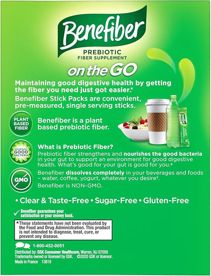 Benefiber On The Go Prebiotic Fiber Supplement Powder for Digestive Health, Daily Fiber Powder, Unflavored Powder Stick Packs - 36 Sticks (Pack of 2)