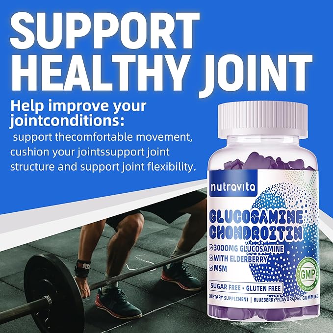 Nutravita Glucosamine Chondroitin Gummies with MSM & Elderberry Extra Strength - Joint Support, Antioxidant Immune Support Supplement for Adults, Men & Women.120 Blueberry Chews