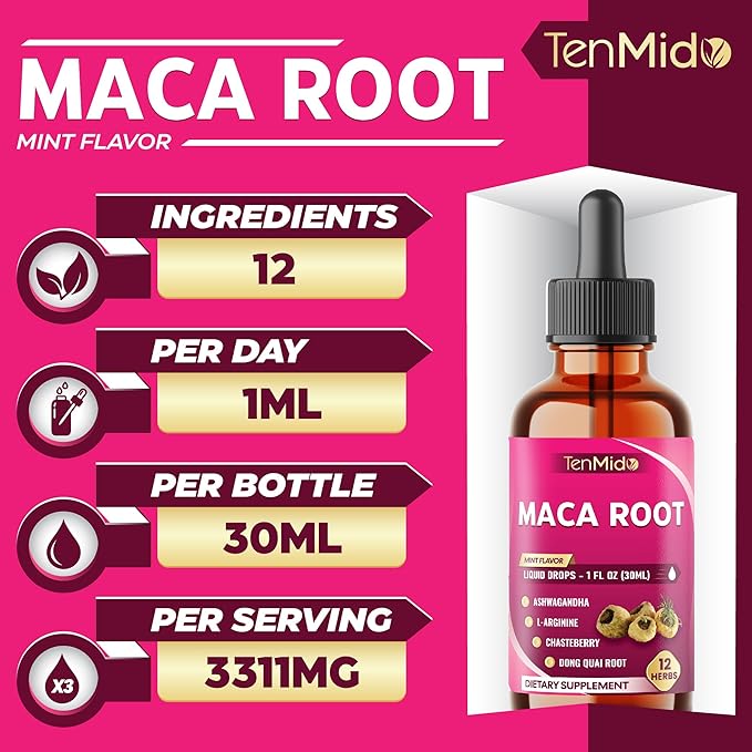 12in1 Maca Root Liquid Drops with Ashwagandha, L-Arginine, Chasteberry, Dong Quai, Black Cohosh, Shatavari, Red Raspberry, Rhodiola Rosea, Calendula and More - 30ml 1 Fl Oz