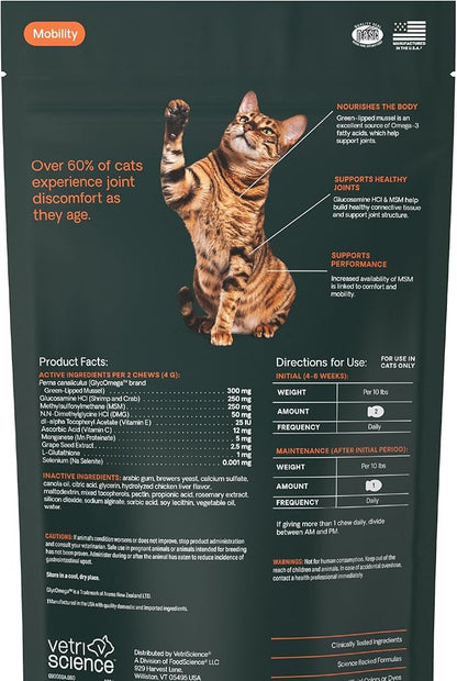 VetriScience Extra Strength Healthy Hip & Joint Chews, GlycoFlex Glucosamine and Green-Lipped Mussel Joint Support Supplement for Cats, Promote Mobility and Soothe Joint Discomfort, Chicken, 60 Count
