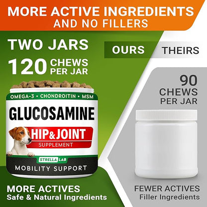 Glucosamine Treats for Dogs - Joint Supplement w/Omega-3 Fish Oil - Chondroitin, MSM - Advanced Mobility Chews - Joint Pain Relief - Hip & Joint Care - Peanut Butter Flavor - 240 Ct