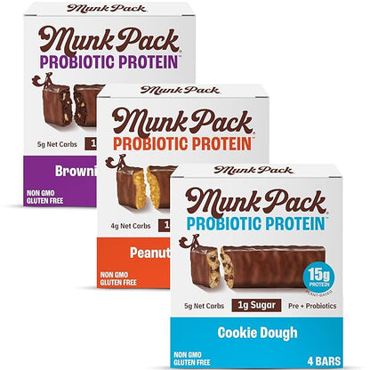 Munk Pack Variety Pack Probiotic Protein Bars | 15g Protein, 1g Sugar, 5g Net Carbs | Plant-Based, High Protein, Low Sugar Gut Health Snacks | 12 Pack