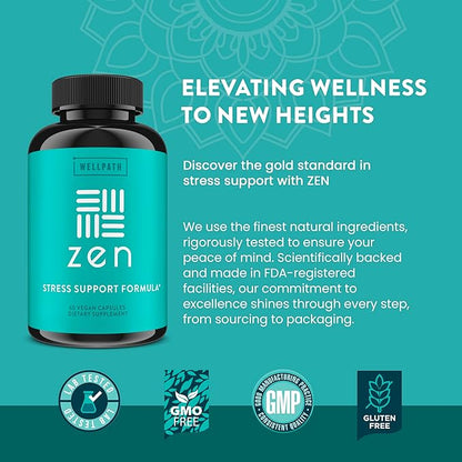 WellPath Zen Stress Relief Supplement + Mood Support (180 ct) | Calm, Stress & Energy Aid | Ashwagandha Root, Rhodiola Rosea, L-Theanine, Lemon Balm | Herbal Capsules