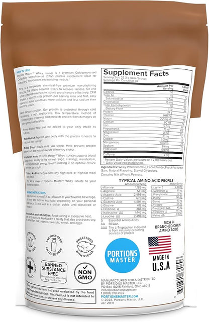 Portions Master CFM Whey Isolate Protein Powder, 2 LB, 23g Low Carb, Low Fat, Cold-Processed, Fast Absorbing, Muscle Growth & Recovery Support (Peanut Butter Cup)