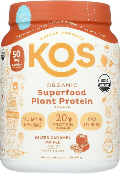 KOS Vegan Protein Powder, Salted Caramel Coffee - Low Carb Pea Protein Blend, Organic Plant Superfood Rich in Vitamins & Minerals - Keto, Dairy Free - Meal Replacement for Women & Men - 15 Servings