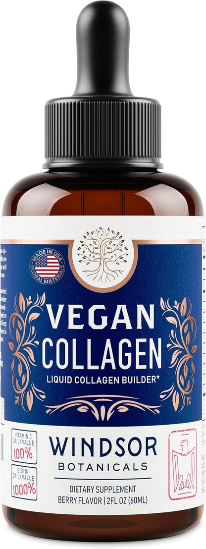 Vegan Collagen Builder Liquid - Vitamin C, Biotin, Hyaluronic Acid & Amino Acids Sugar Free Vegeterian Collagen Booster - Organic Fruit & Vegetable Blend - Hair & Nail Growth, Skin Health - 2oz, 30Day