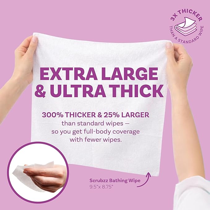 Extra Large Bath Wipes for Adults Bathing No Rinse - 120 Disposable Body Cleansing Wipes for Men, Women & Elderly - Great for Gym, Camping, Post Surgery - Lavender
