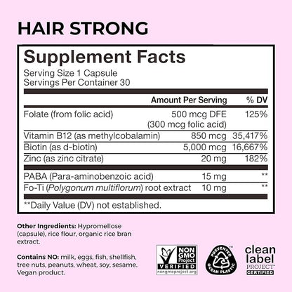 HUM Hair Strong Daily Hair Growth Supplement with Biotin, Zinc, Vitamin B12 to Support Growth, Folic Acid & Vitamin B12 Vitamins for Healthy Hair Support for Women and Men, 30 Vegan Capsules