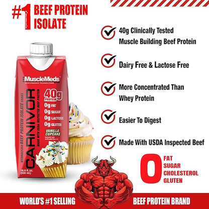 MuscleMeds Carnivor RTD, Ready to Drink Protein, Lactose Free, Sugar Free, 40g Isolate Protein, Muscle Building, Recovery, Vanilla Cupcake, 16.9 Fl Oz, Liquid (Pack of 12)