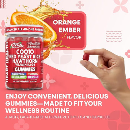 Clean Nutra CoQ10 Gummies Red Yeast Rice Hawthorn K2 Vitamin Supplement Magnesium Glycinate Turmeric Citrus Bergamot Hibiscus VIT D K Fenugreek Garlic Supplements Heart Support Gummy 60ct