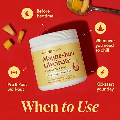 Magnesium Glycinate Powder + L-Theanine | 60 Servings | 300 mg per Scoop High Absorption Chelated Magnesium Powder for Sleep - Peach Mango Flavor, No Sugar, Support Restful Sleep & Relaxation