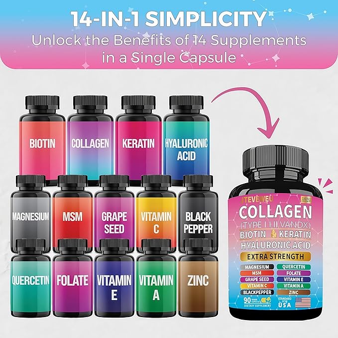 Collagen Supplement - Type I, II, III, V and X - with Biotin, Keratin, Hyaluronic Acid & 13+ Extra Strength Ingredients - （90 Capsules）