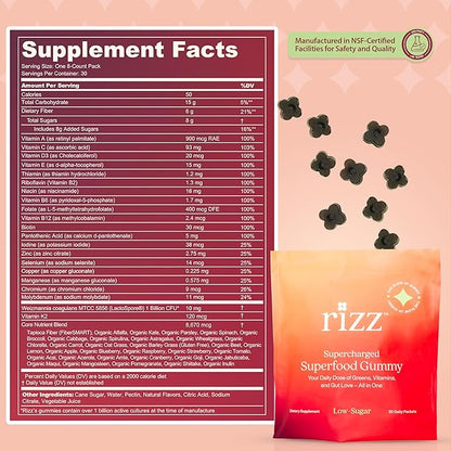 Rizz Low Sugar Green Gummies - 60+ Superfoods 6g Fiber - Prebiotic and Probiotic Gummies - Vegan Multivitamins for Women & Men - Gluten Free - Mushroom, Fruit and Vegetable Supplements - 30 Day Supply