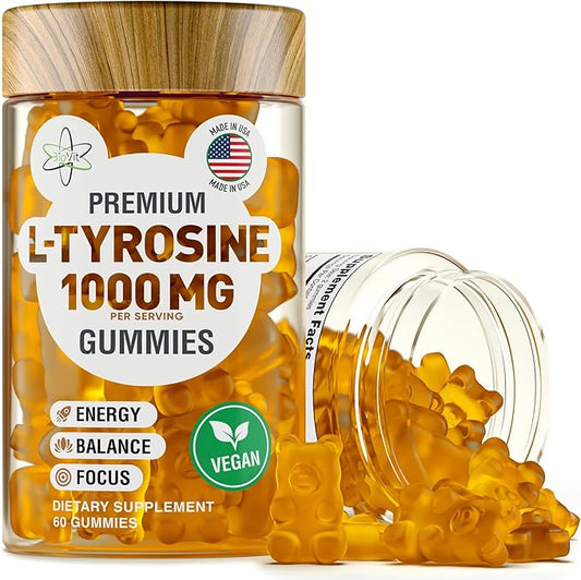 BioVit L Tyrosine Gummies - Activated Amino Acid L Tyrosine Supplement - Natural Focus, Mood and Energy Supplement for Kids & Adults - L-Tyrosine 1000MG per Serving, 500MG per Gummy - 60 Vegan Gummies