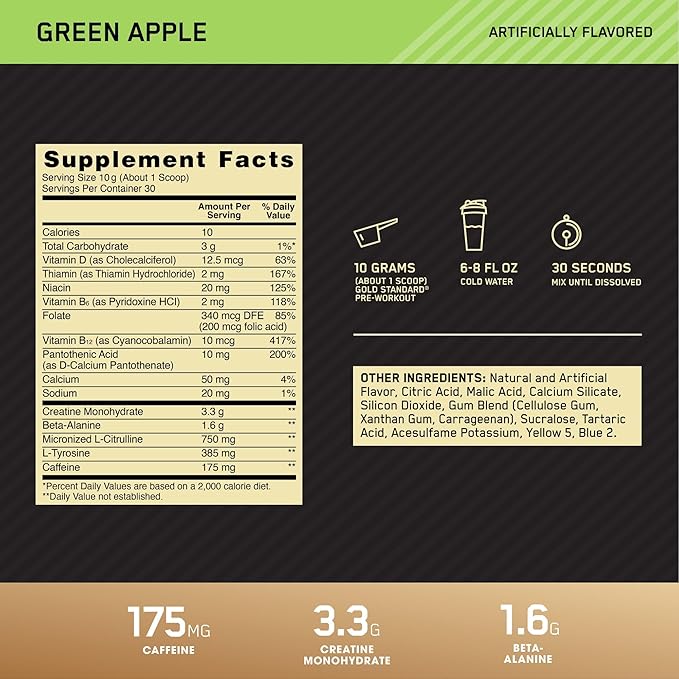 Optimum Nutrition Gold Standard Pre Workout with Creatine,Beta-Alanine,and Caffeine for Energy,Flavor: Green Apple,30 Servings (Packaging May Vary),(Pack of 2)