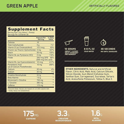Optimum Nutrition Gold Standard Pre Workout with Creatine, Beta-Alanine, and Caffeine for Energy, Flavor: Green Apple, 30 Servings (Packaging May Vary)