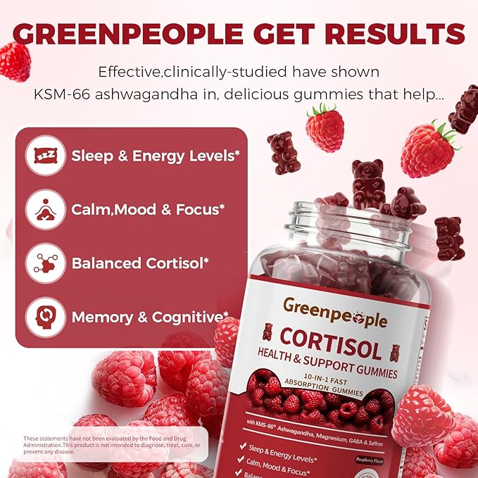 GREENPEOPLE Cortisol Supplements for Women & Men - Cortisol Reducer Detox Manager w/KSM-66 Ashwagandha/Magnesium/L-theanine/GABA/Vitamin B6 for Mood/Sleep/Stress Relief 60 CT Raspberry Flavor Gummies