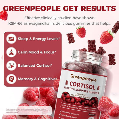 GREENPEOPLE Cortisol Supplements for Women & Men - Cortisol Reducer Detox Manager w/KSM-66 Ashwagandha/Magnesium/L-theanine/GABA/Vitamin B6 for Mood/Sleep/Stress Relief 60 CT Raspberry Flavor Gummies