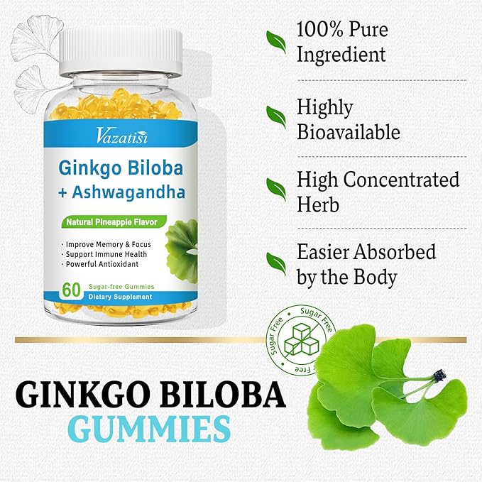 240MG Ginkgo Biloba Gummies | 60 Gummies | Improve Mood and Focus, Brain Health| Pineapple Flavor | Vegan, Non-GMO, Gluten Free Supplement