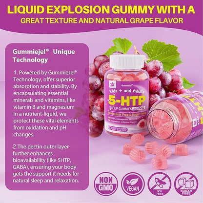 5HTP Gummies for Adults & Kids 8+, Melatonin Free Gummies with Magnesium Glycinate, GABA, L-Glycine, Ashwagandha, Vitamin B6 for Delicious Zzzs, Brain & Muscle Relaxation, 0 Sugar 60 Count (Pack of 1)