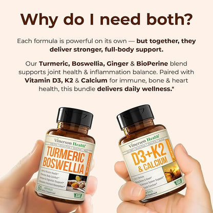 Boswellia Turmeric Curcumin Supplement + Vitamin D3 K2 5000 IU Bundle – Supports Joint Health & Immune, Bone, Heart Health – with Ginger Root, Organic Turmeric Powder, Vitamin D, K2, Calcium