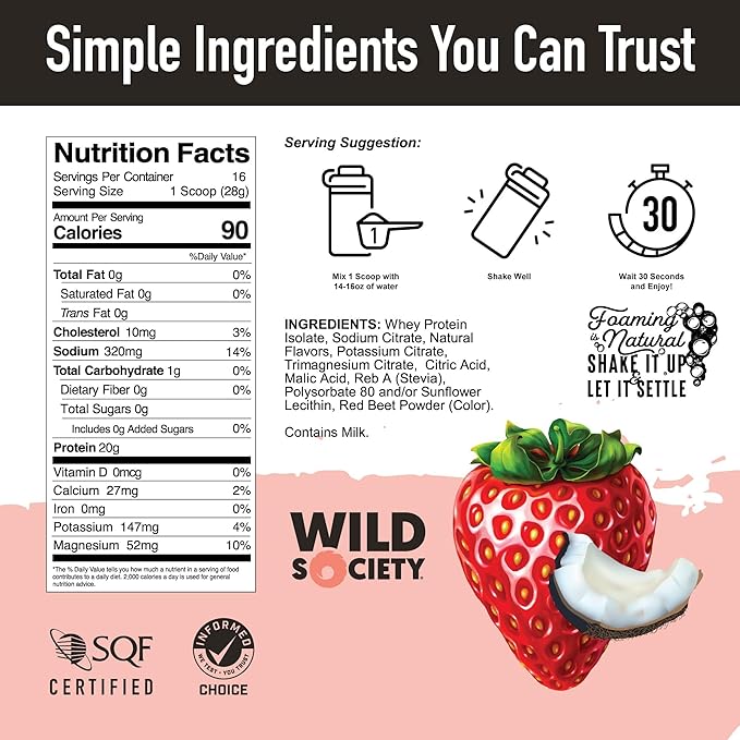 WILD SOCIETY - Clear Protein Powder + Electrolytes - 20g Clear Whey Protein Isolate Drink - Zero Sugar - 0g Lactose - Natural Flavors & Colors - Muscle Post Workout Recovery - Strawberry Coconut, 16oz