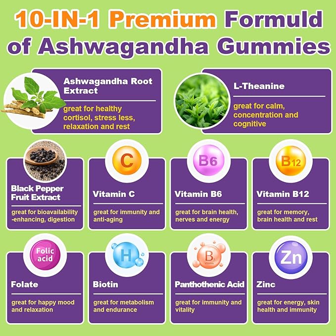 Ashwagandha Gummies - 10 IN 1 Organic Ashwaganda Gummies for Women & Men, with L Theanine, Vitamin B6, Black Pepper for Relaxation*, Cognitive, Immune, Zzz, Cortisol, Vegan, Berry Flavor - 60 Count