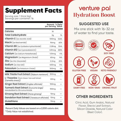 Venture Pal Hydration Packets + Liver Support- Liquid Daily IV Electrolyte Powder Packets with 7 Electrolytes & 5 Vitamins, Milk Thistle + L-Theanine | Sugar-Free | Keto Friendly | Vegan, 16 Sticks