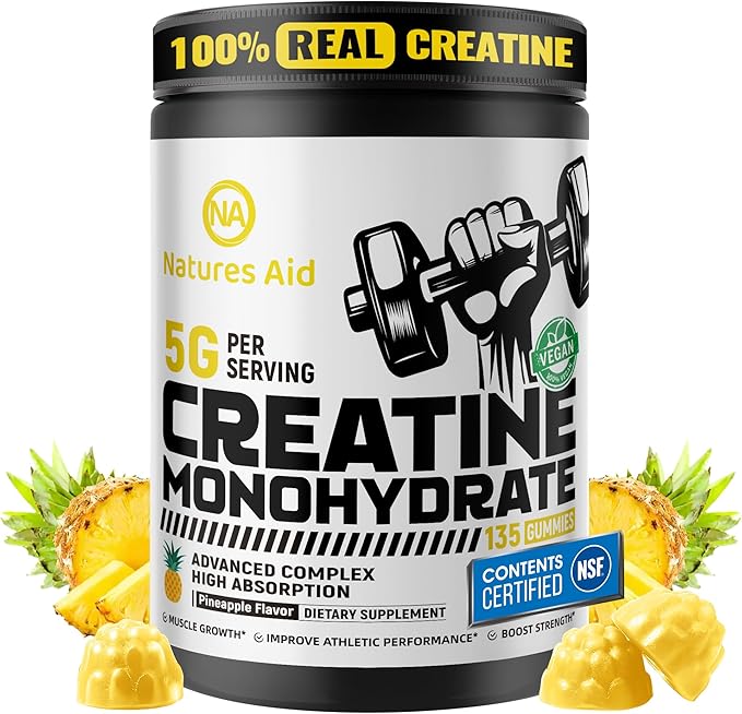 Natures Aid NSF Certified Creatine Gummy 5g - Creatine Monohydrate Gummies – Pre-Workout Energy & Muscle Growth Support for Men & Women | Pineapple Electrolyte Gummies (135 Count)