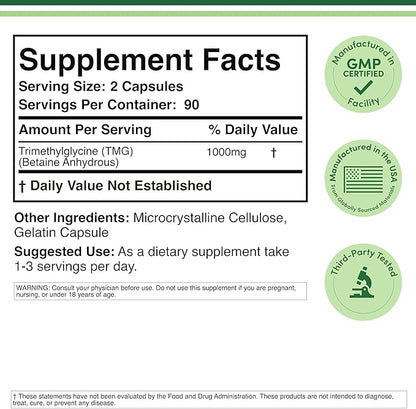 TMG Trimethylglycine Supplement - 99%+ Tested Purity - 1,000mg Per Serving, 180 Capsules (TMG Supplements for Homocysteine Control) Genuine TMG with Fishy Smell, Gluten Free, Non-GMO