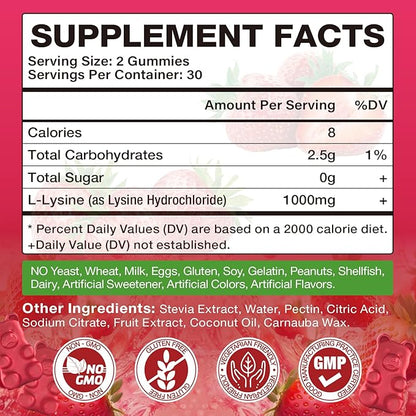 2 Pack L-Lysine 1000mg Gummies, Chewable Lysine Supplement for Lips & Skin, Immune Support, Essential Amino Acid, Non-GMO, Vegan, Gluten Free, Sugar-Free, Strawberry Flavor, 120 Count