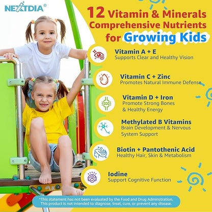 Kids Multivitamin Gummies with Iron, Sugar Free, Kids Daily Vitamins + Probiotics, Algae Omega 3 (EPA/DHA), A, C, D, Methyl B12, Folate, B6, Zinc, Biotin, for Healthy Growth, Immune Support, 60 Count