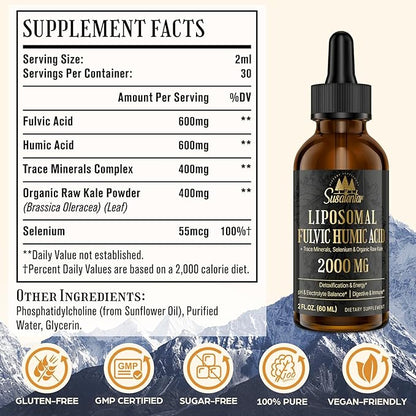 2000 MG Liposomal Fulvic Acid + Humic Acid + Trace Minerals Complex - More Potent Than Shilajit, Electrolytes Liquid Supplement with Organic Kale for Energy, Digestion, Immunity & pH Balance, 8 Oz