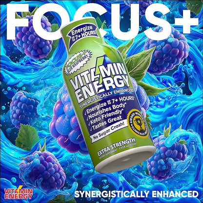 Vitamin Energy Focus+ Extra Strength Energy Shot Blue Raspberry 8 Pack, 260mg Natural Caffeine, B-Vitamins, CoQ10, Amino Acids, Focus, Productivity & Clarity, Zero Sugar, Gluten-Free, 1.93 fl oz