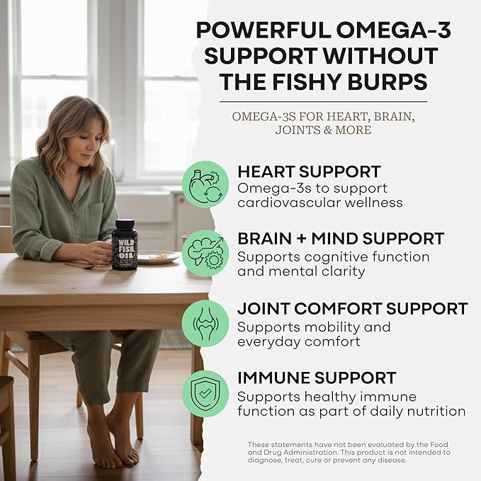 Wild Foods Fish Oil Omega 3 Supplements | 1600 mg | Highly-Potent: DPA, DHA, EPA | Burpless, Odorless, Non-GMO, Gluten Free | For Brain & Heart Health, Joint Support | 60 Capsules (1 pk) | 30 Servings
