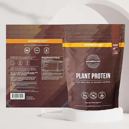 Primal Harvest Vegan Protein Powder for Nutritional Weight Support 20g Plant-Based Protein Per Serving from Fava Beans Chickpeas & Rice Chocolate Flavor 405g Gluten-Free Soy-Free No Added Sugar