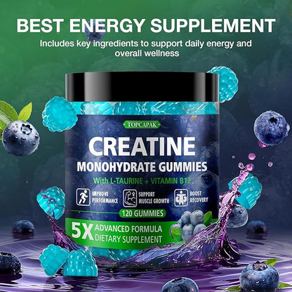 Creatine Gummies for Men & Women - Chewable Creatine Monohydrate Gummies with Taurine & Vitamin B12, 5g Creatine per Serving, Blueberry Flavor, Raspberry-Shaped - 120 Count