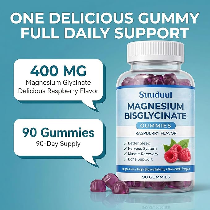 Magnesium Bisglycinate Gummies, 400mg High Absorption Magnesium Supplement, Raspberry Flavor, Supports Muscle & Nerve Function, Relaxation & Daily Wellness, Vegan, 90 Gummies