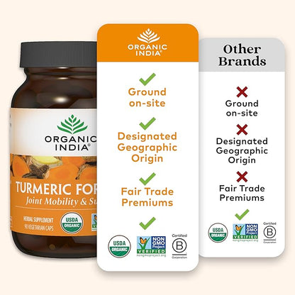 ORGANIC INDIA Turmeric Curcumin with Black Pepper - Organic Turmeric & Curcumin Supplement, Joint & Immune System Support, Whole Root - 60 Capsules