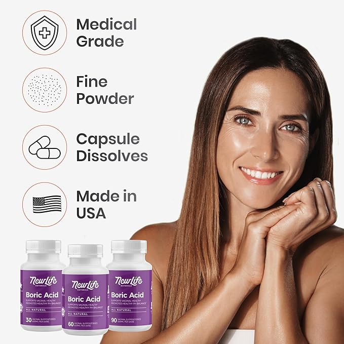 NewLife Naturals - Boric Acid Suppositories for Women - 600mg - Feminine Care - for Vaginal Odor Use - 100% Pure- Made in USA - 60 Capsules