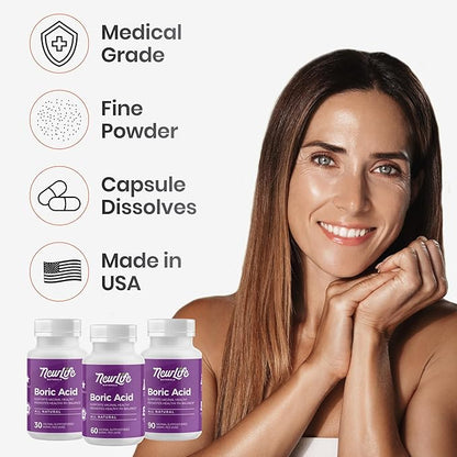 NewLife Naturals - Boric Acid Suppositories for Women - 600mg - Feminine Care - for Vaginal Odor Use - 100% Pure- Made in USA - 60 Capsules