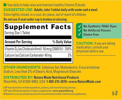 Nature Made Vitamin D3 2000 IU (50 mcg), Vitamin D Supplement for Bone, Teeth, Muscle and Immune Health Support, 220 Tablets, 220 Day Supply