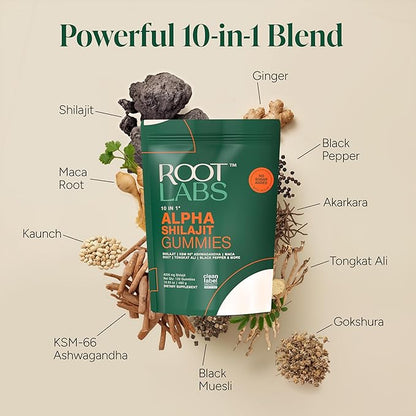 ROOT LABS 10-in-1 Alpha Shilajit Gummies | 4000 mg Pure Himalayan Shilajit with Tongkat Ali & Maca Root | for Men & Women | ShilAbsorb Bioavailability Tech | Sugar-Free, Vegan | 120 Gummies