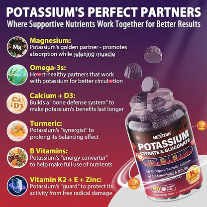 Potassium Citrate and Potassium Gluconate Supplement, 1200mg Two Forms of Potassium Gummies, w/Magnesium, Omega-3, Calcium, Vitamin D3 K2 B12 E B6, Folate for Mṵṣḉḷḙ, Nerves, Health Bones, 120Cts