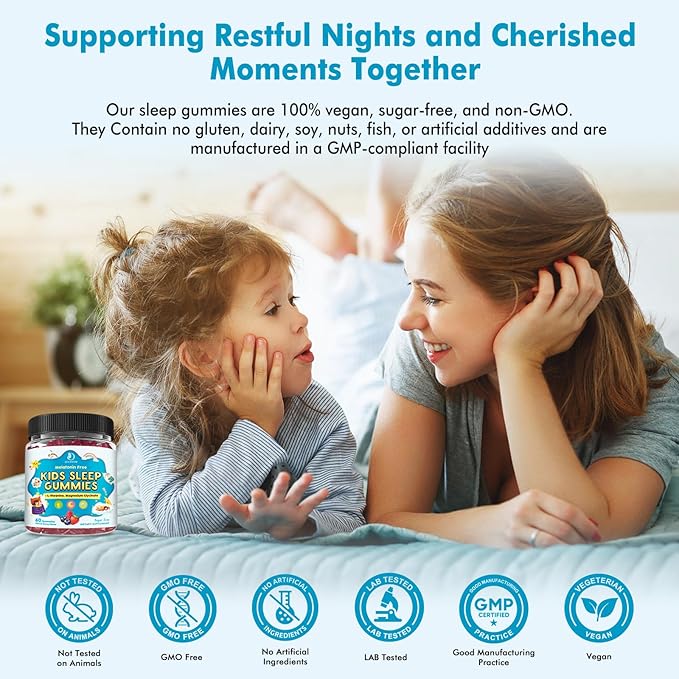 Kids Sleep Gummies with Magnesium Glycinate – Melatonin Free Bedtime Support for Kids – Calm & Relaxation with L-Theanine, GABA, Chamomile & Lemon Balm – Sugar Free Mixed Berry Flavor, 120 Gummies