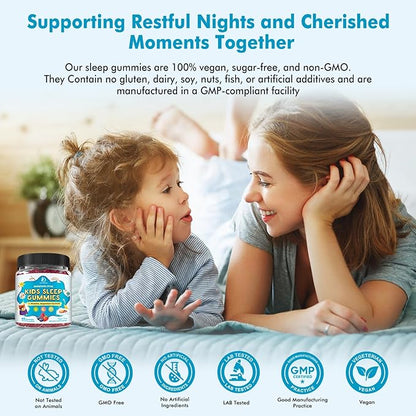 Kids Sleep Gummies with Magnesium Glycinate – Melatonin Free Bedtime Support for Kids – Calm & Relaxation with L-Theanine, GABA, Chamomile & Lemon Balm – Sugar Free Mixed Berry Flavor, 120 Gummies