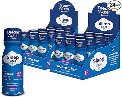 Dream Water Sleep Shots (24 Count) Sleep Aids for Adults - 5mg Melatonin, GABA, 5-HTP - Natural Snoozeberry Flavor (Blue Raspberry) - Liquid Melatonin Supplement - Zero Sugar & Gluten Free - 2.5 oz
