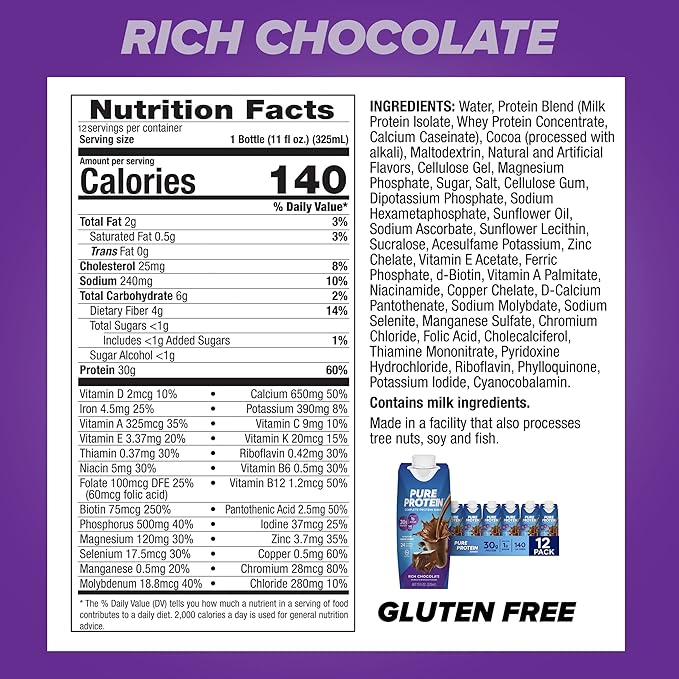 Pure Protein Chocolate Protein Shake,30g Complete-Protein,Ready to Drink and Keto-Friendly,Vitamins A,C,D,and E plus Zinc to Support Immune Health,11oz Bottles,(Pack of 24)