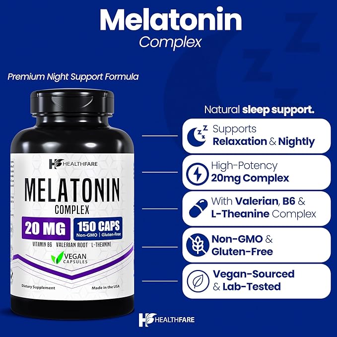 Healthfare Melatonin 20mg | 150 Veg Capsules | Complex with L-Theanine | Valerian Root & Vitamin B6 | Vegetarian Formula | Non-GMO | Gluten-Free | Made in The USA